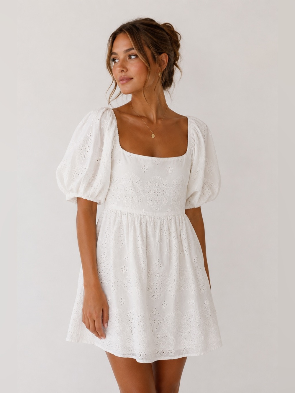 NWT Jennifer & Grace Puffy Sleeve Square Neck Eyelet Dress in White -‎ L